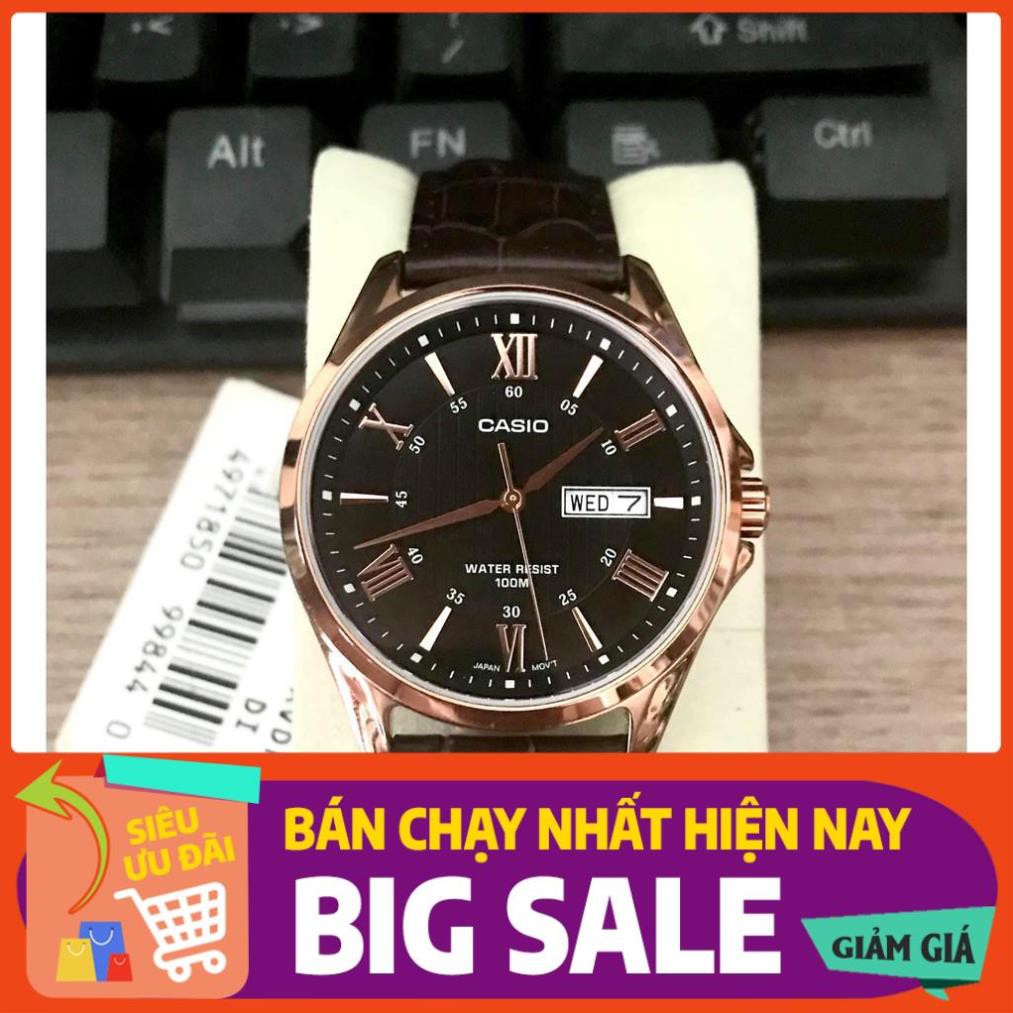 [GIÁ HỦY DIỆT] Đồng hồ nam chính hãng CASIO MTP 1384L-1AV dây da đen mặt đen viền goldrose 41mm giá rẻ