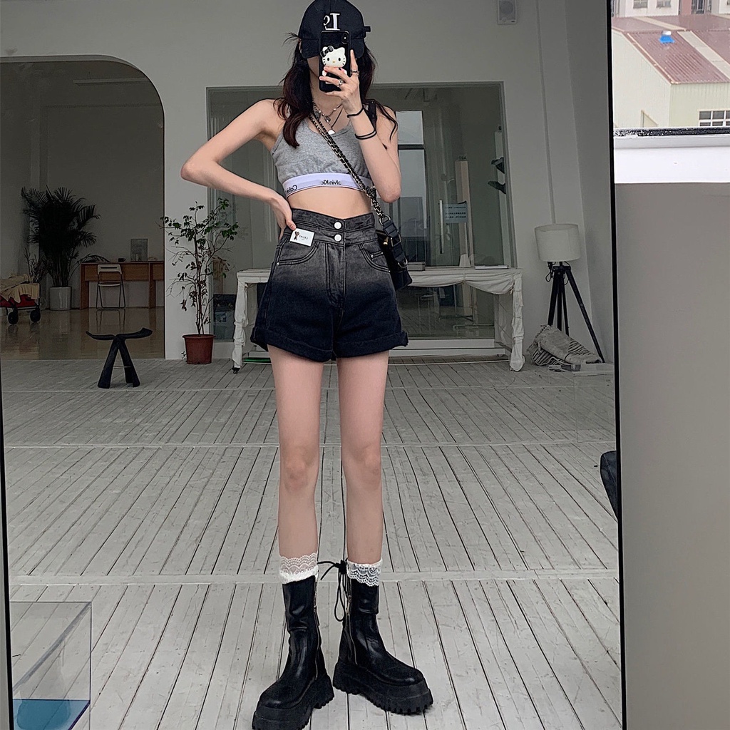 Jiashucheng Quần Short Jean Lưng Cao Dáng Rộng Màu Đen Gradient Phong Cách Hàn Quốc Cá Tính Cho Nữ