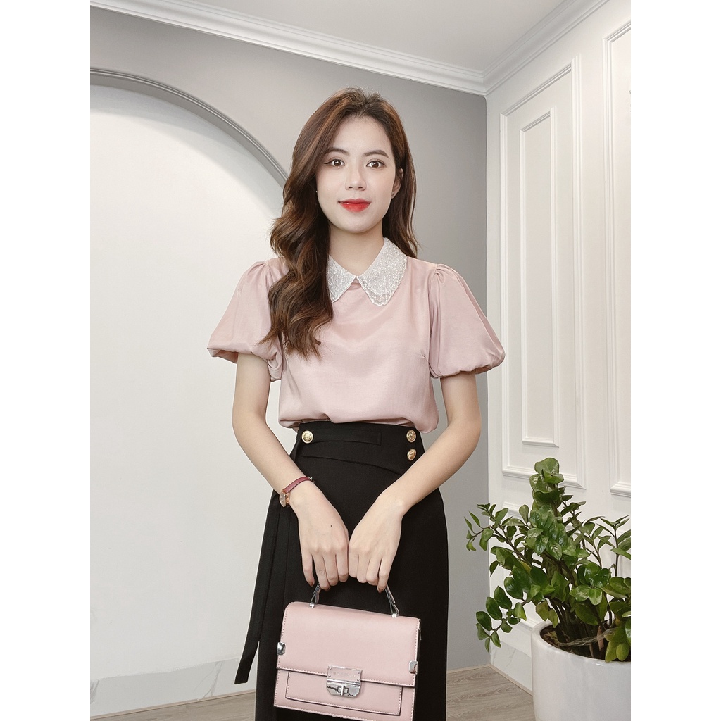 Áo Sơ Mi Min House Trơn Màu Cổ Đính Cườm