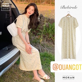 Váy MORAN hoa chấm bi tay phồng cổ tròn thắt nơ eo vintage nhẹ nhàng Hàn Quốc
