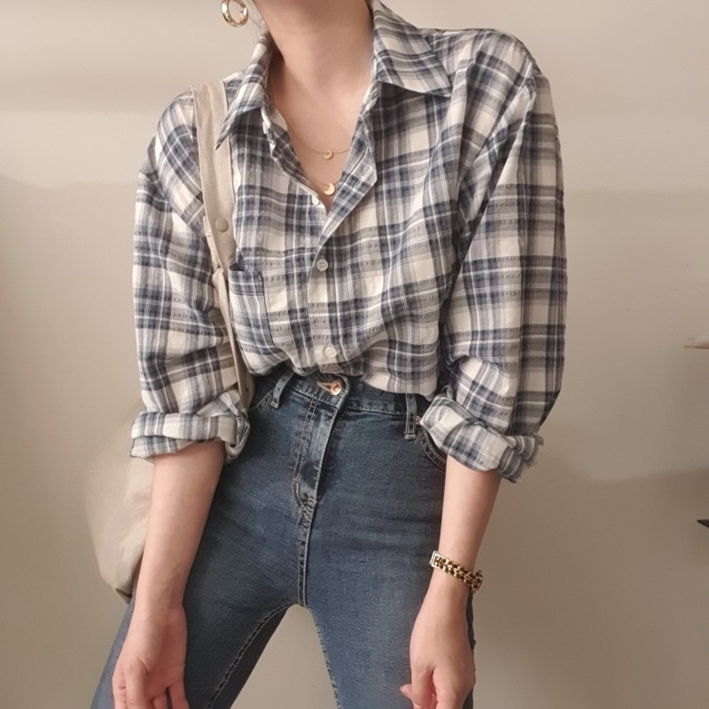 Áo sơ mi dài tay dáng rộng họa tiết kẻ sọc thời trang 46226