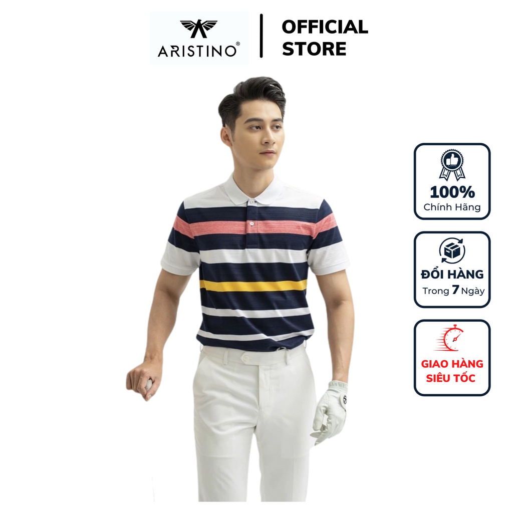 Áo thun polo nam Aristino APSG05S1 phông ngắn tay có cổ bẻ dáng Golf fit phối màu kẻ ngang vải cotton cao cấp mềm mát
