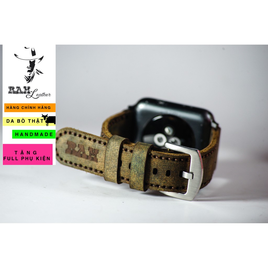 Dây đồng hồ da bò cao cấp màu quân đội RAM Leather - tặng khóa chốt và cây thay dây