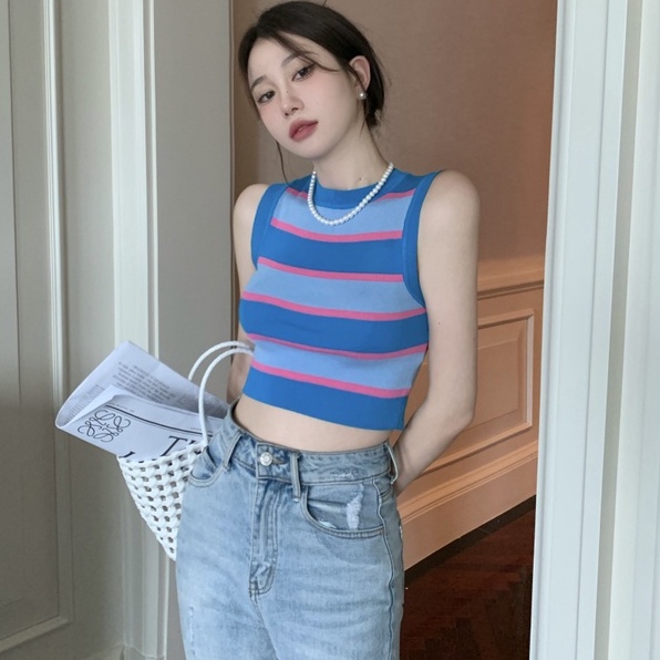 Áo dệt kim ZHELIHANGFEI không tay kẻ sọc gợi cảm thời trang