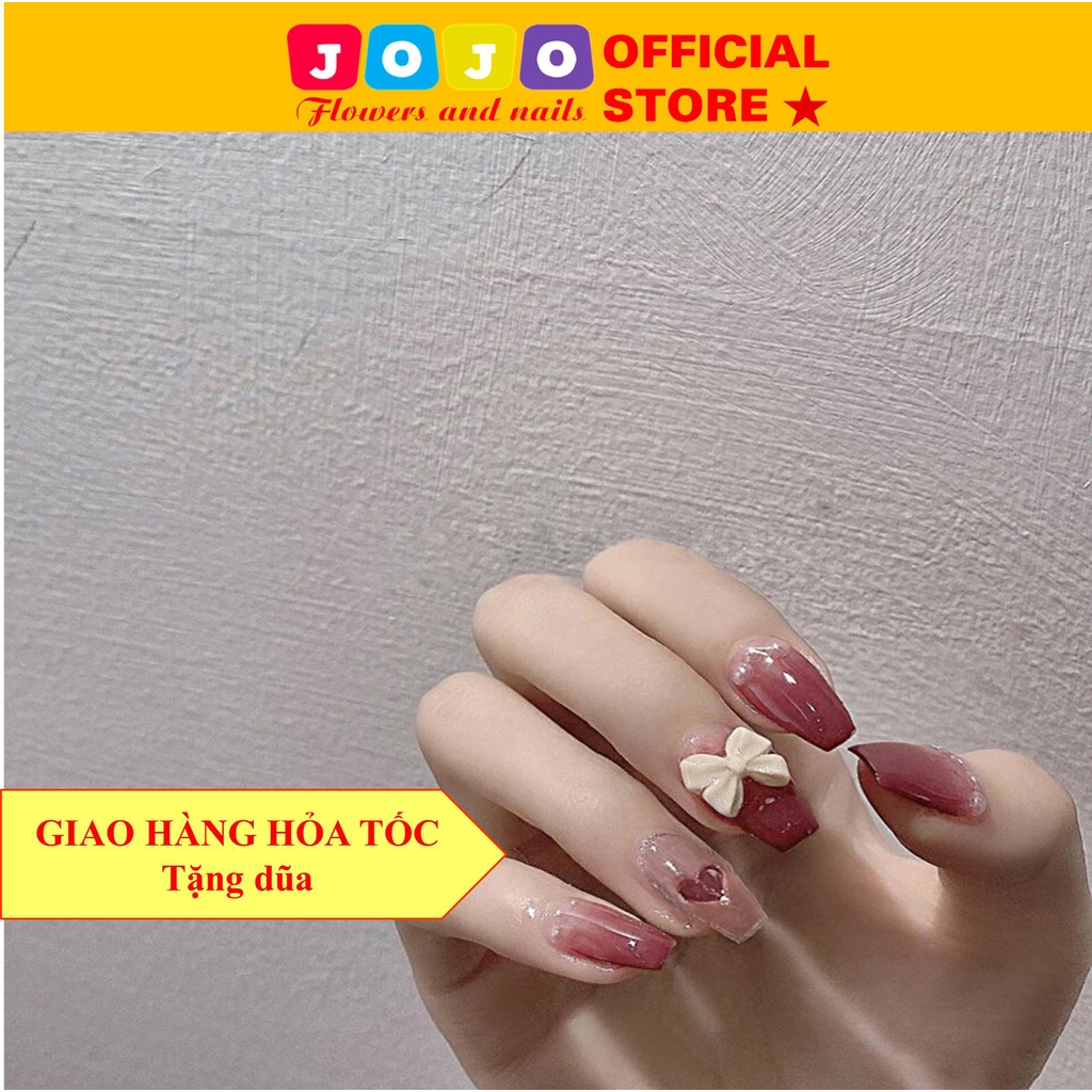 set 24 móng tay giả dài đính nơ kute Jojo X8 móng giả nailbox rẻ đẹp kute kèm keo tự làm tại nhà chống thấm nước