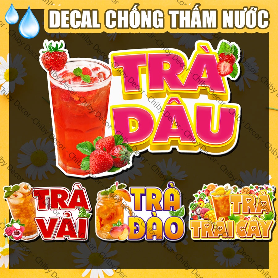 Trang trí quán trà sữa 🍧𝘿𝙚𝙘𝙖𝙡 𝙑𝙞𝙣𝙮𝙡 𝙇𝙤𝙖̣𝙞 𝙄 Chống nước, Decor quán trà dâu, trà đào, trà vải, trà chanh, trà tắc thái