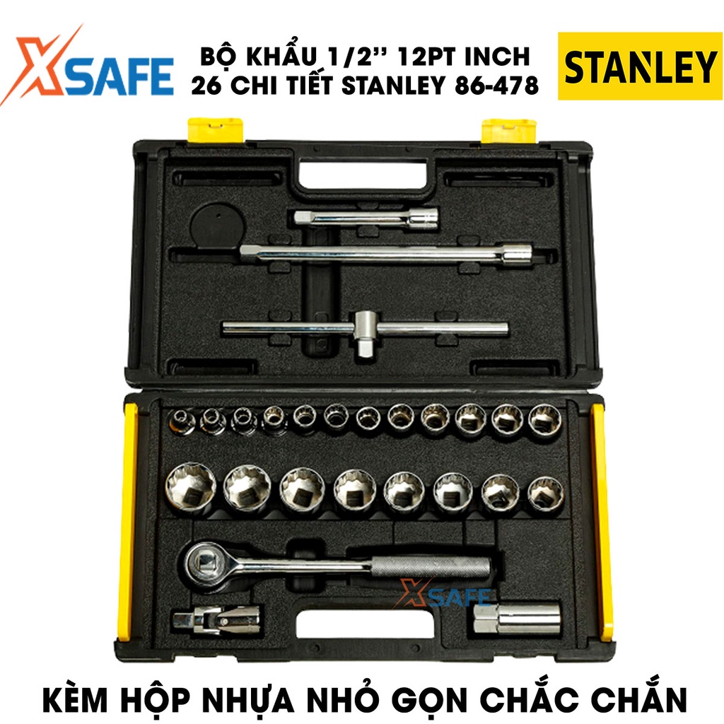 Đầu tuýp bộ 1/2 INCH 26 chi tiết STANLEY 86-478 thép CR-V cao cấp Đầu tiếp phủ lớp chống gỉ sét, bền, chịu lực tốt