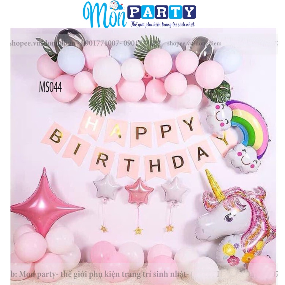 Set trang trí sinh nhật bé gái pony kì lân Mon Party bóng sinh nhật màu hồng pastel unicorn đẹp cho bé gái