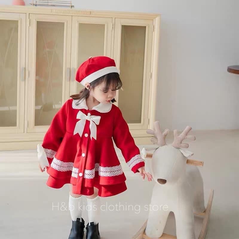 Váy nhung đỏ cho bé gái dáng xoè phối nơ ren cực điệu thích hợp mặc noel và Tết