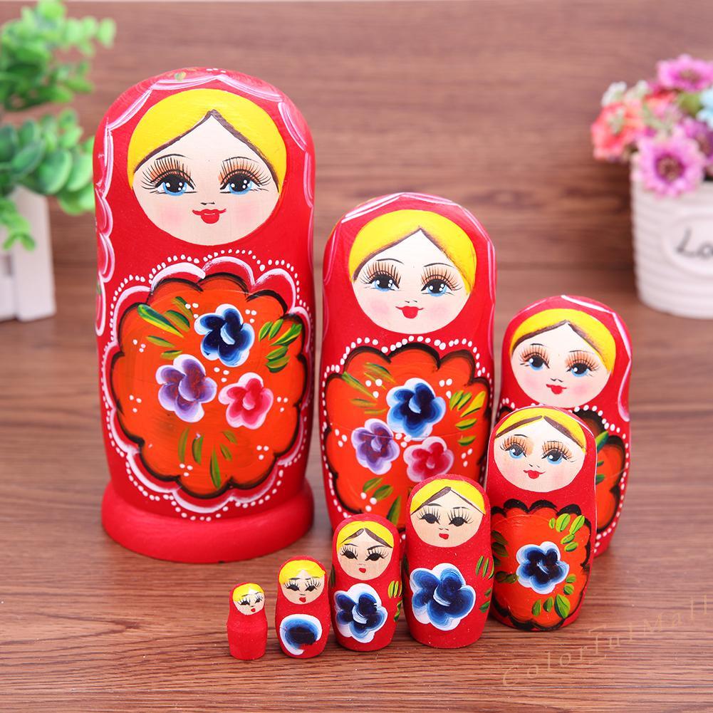 （ColorfulMall）   8pcs Wooden Red Girl Russian Matryoshka Doll Handmade Nesting Dolls Gift