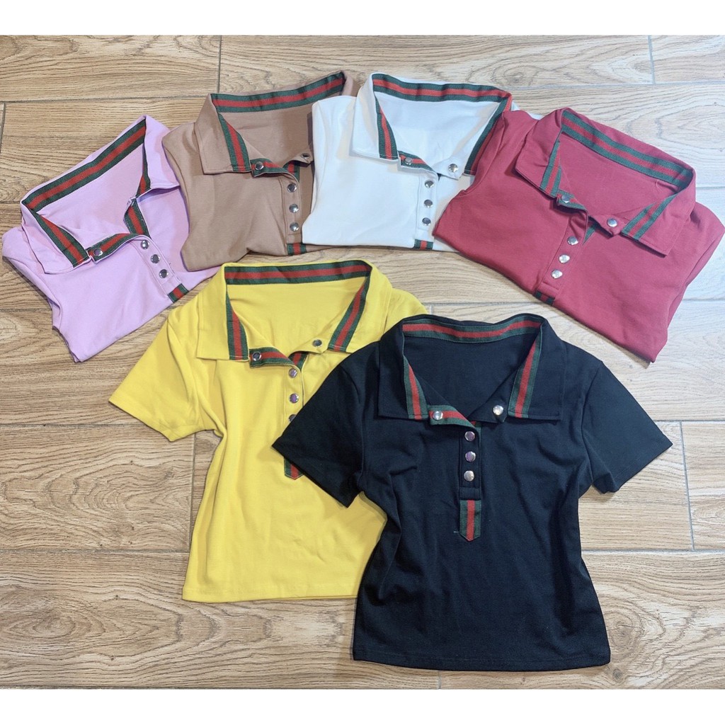áo croptop cổ bẻ phối màu đen đỏ đính nút, chất bozip mềm, áo kiểu nữ