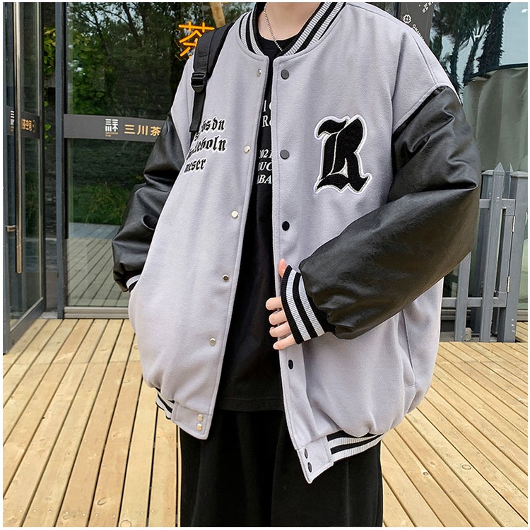 Áo khoác bóng chày phối da phong cách Nhật Bản thời trang cao cấp cho nam