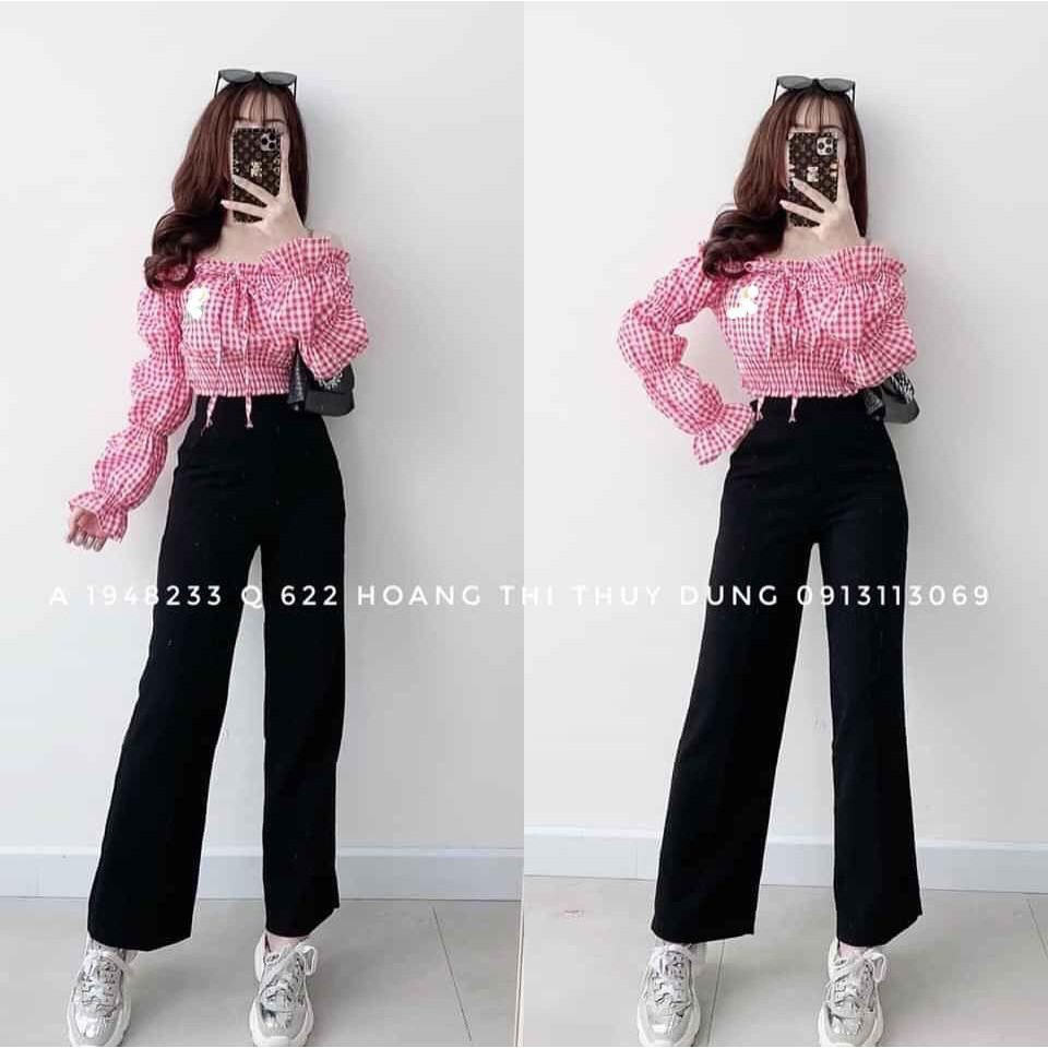 1125A33B1 Áo trễ vai caro tay dài bo tầng lạ mắt