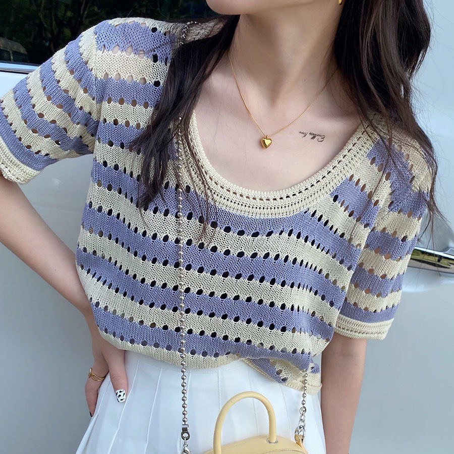 Len Mongtoghi Kẻ Sọc Tay Ngắn Cổ Tròn Phong Cách Hàn Quốc Áo Len Quảng Châu Loại 1 ALSTN