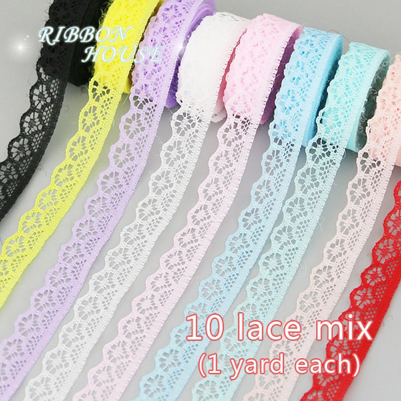 Bộ 10 dây ruy băng ren màu tTrơng dùng trang trí gói quà