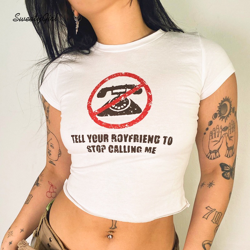 Áo Croptop Ngắn Tay Cổ Tròn In Chữ Phong Cách Đường Phố Thời Trang Cho Nữ