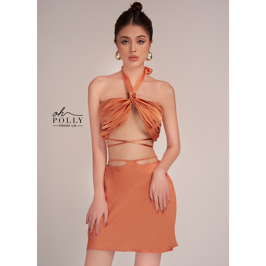Oh Polly - Set áo croptop, áo nữ hở lưng và váy sexy lụa satin, đồ nữ sang chảnh