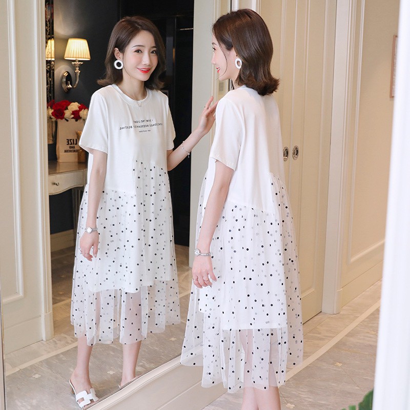Váy bầu chất cotton pha ren siêu xinh cho mẹ bầu mặc đi làm đi tiệc W168