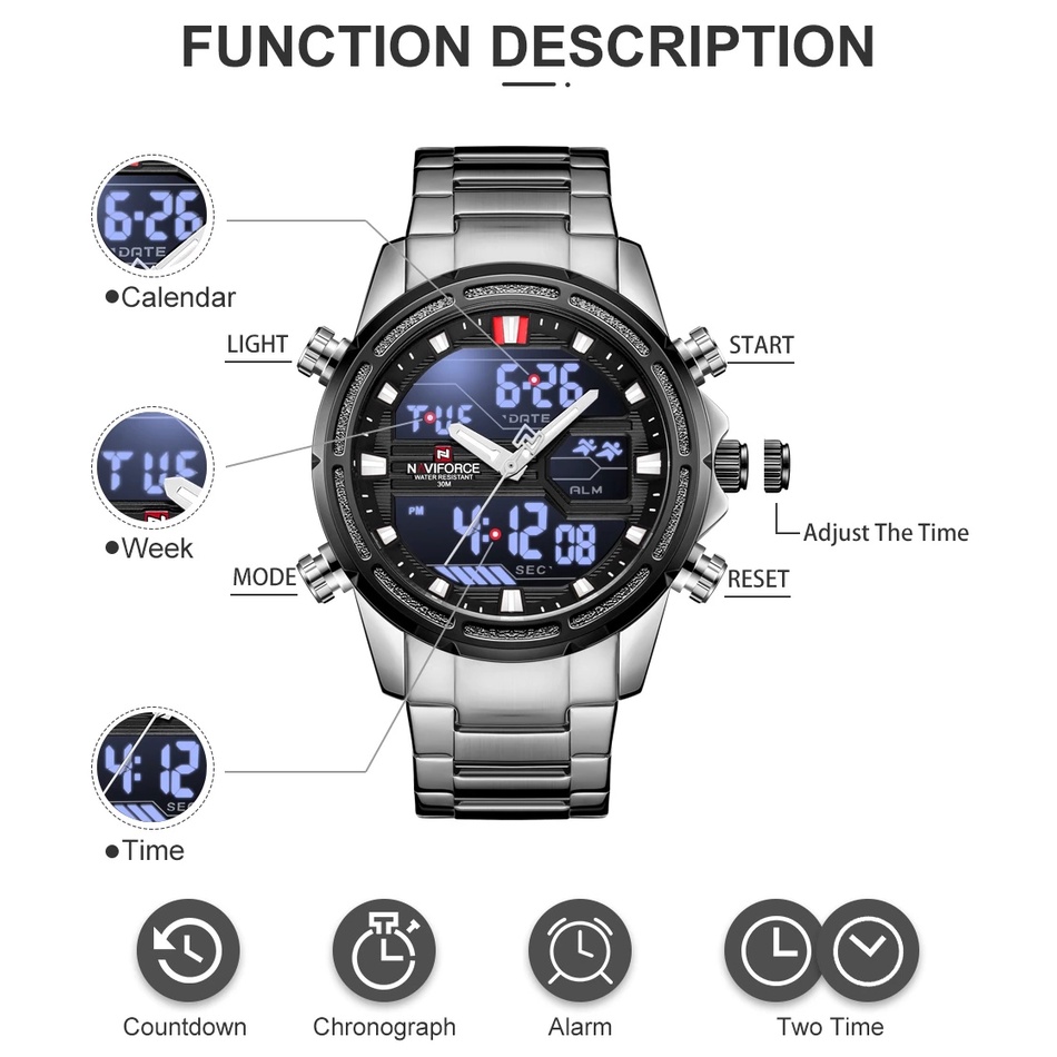 Naviforce Đồng Hồ Đeo Tay Kỹ Thuật Số LED Chống Thấm Nước Dành Cho Nam