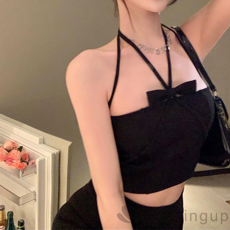 Áo Croptop Hai Dây Màu Trơn Đính Nơ Hở Lưng Gợi Cảm Cho Nữ