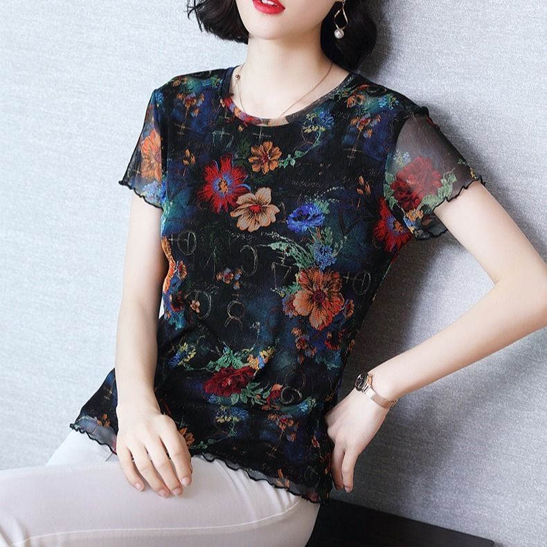 Áo Thun Dệt Kim Tay Ngắn Cổ Tròn Phối Ren Lưới Co Giãn Thời Trang Mùa Hè Cho Nữ Size L-5Xl 2 Kiểu