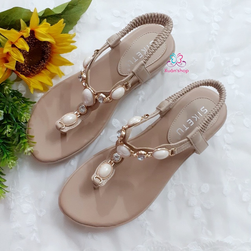 Sandal Siketu đế xuồng 5cm, quai xỏ ngón đính hạt sang trọng