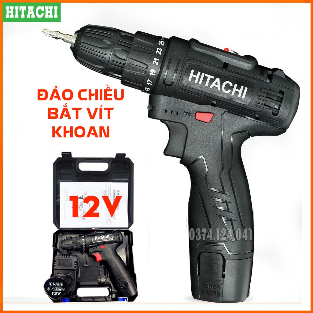 Khoan pin Hitachi 12V - Khoan 2 cấp tốc độ, Lõi đồng - Máy Máy Khoan dùng pin, Máy bắt vít 12V, Đảo chều (bảo hành 6 thá
