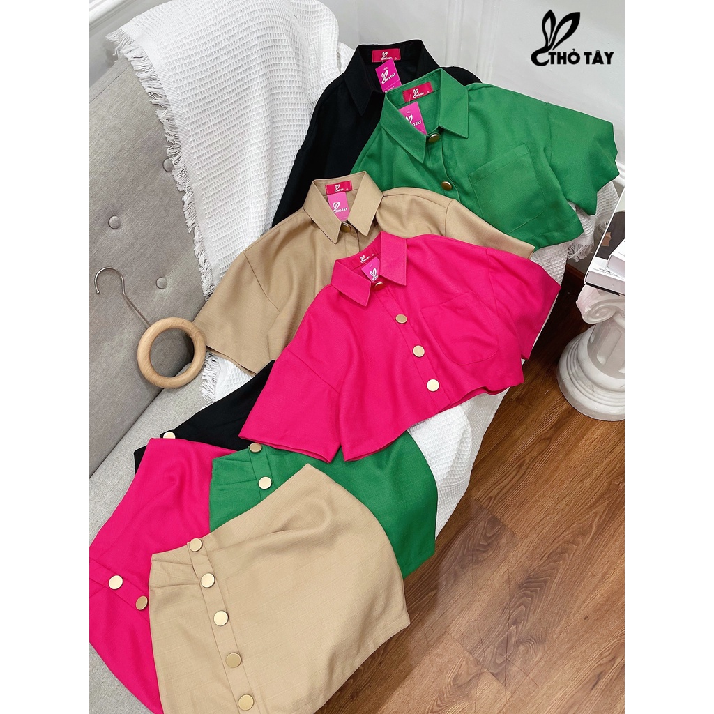 Set sơmi linen đính nút đồng THỎ TÂY S399X316