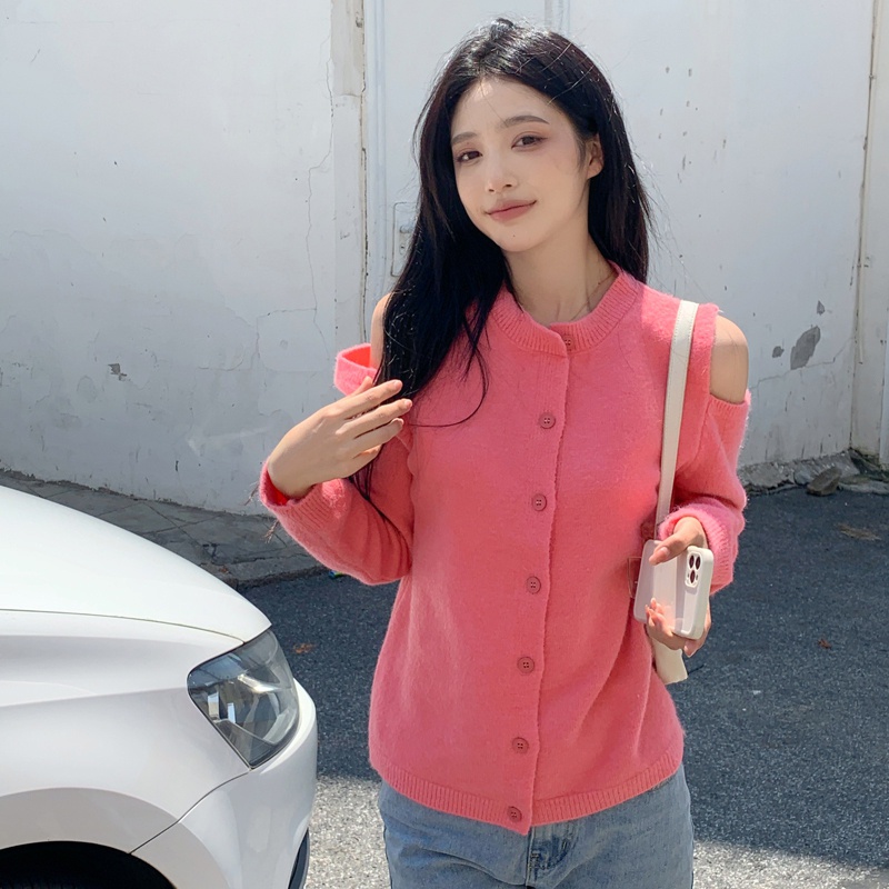 Áo khoác cardigan dệt kim dáng rộng tay dài cổ thuyền cài nút thời trang cho nữ