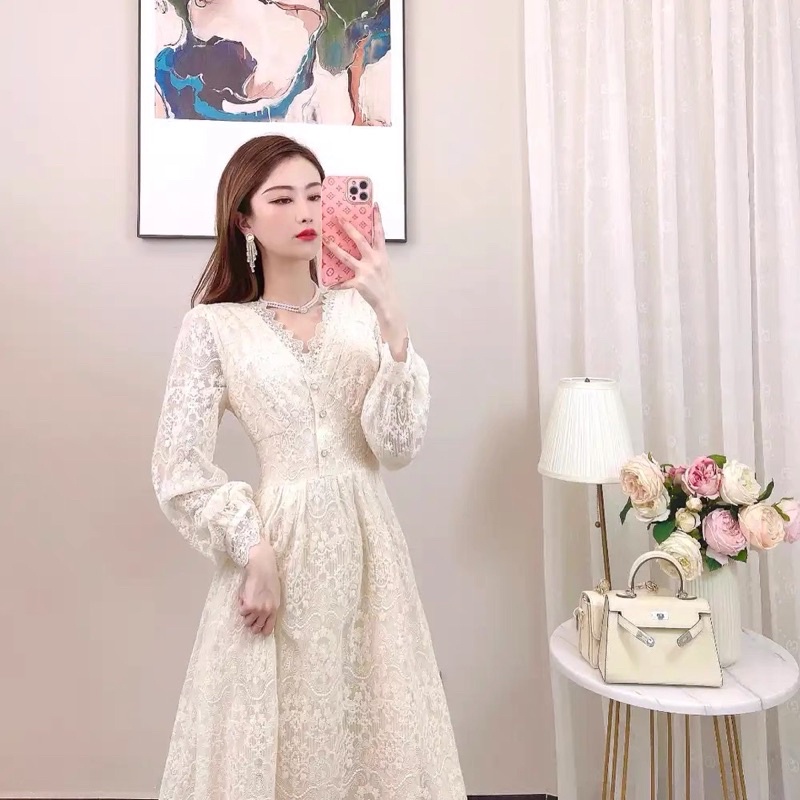 Order🎀Đầm ulzzang công chúa ren xoè 2 lớp cổ V cao cấp dáng dài|váy ren thiết kế tiểu thư sang chảnh