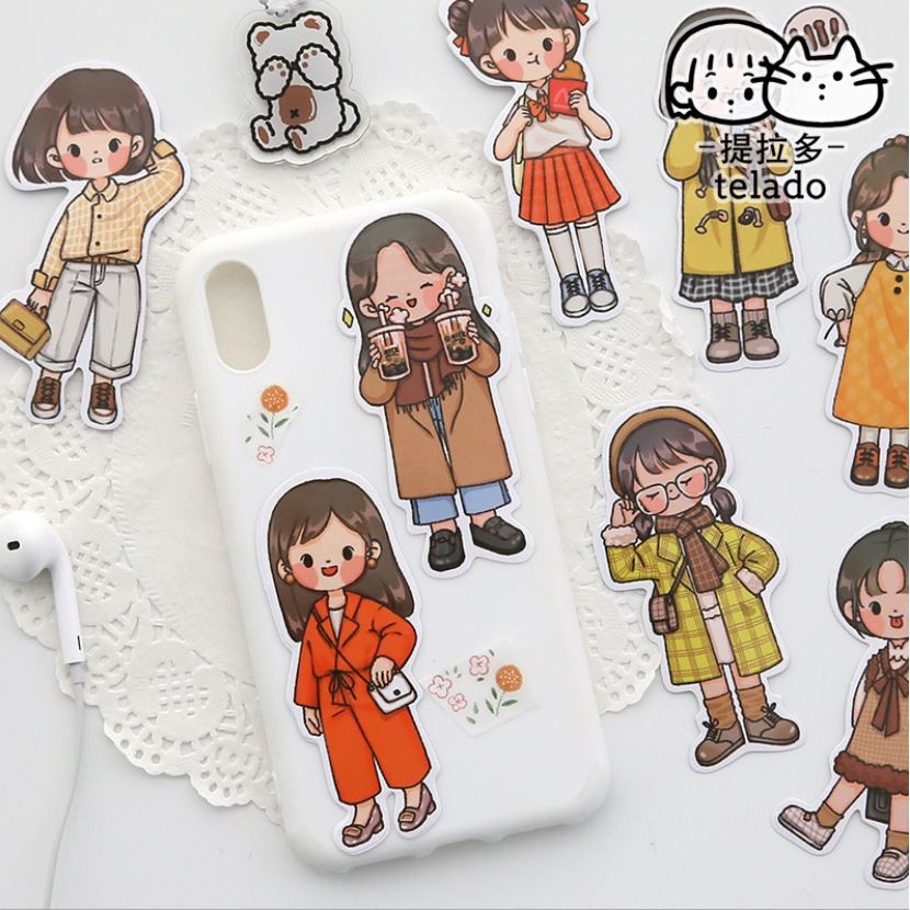 Hình dán TELAO trang trí sổ tay nhiều mẫu cô bé cậu bé học sinh siêu dễ thương, Túi sticker TELADO 20 miếng siêu xinh