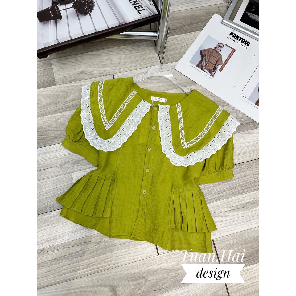 Áo sơ mi nữ cổ bèo mix ren _ Hàng L1