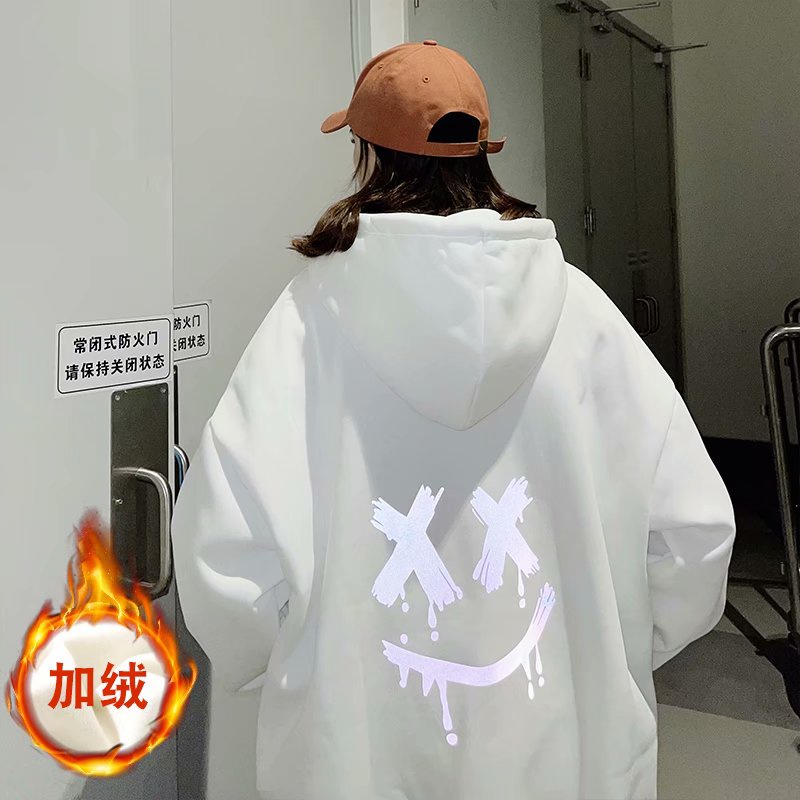 Áo Hoodie Nỉ Tay Dài Dáng Rộng In X_X Hình Mặt Cười Phản Quang Thời Trang Hàn Quốc Cho Cặp Đôi Size M-8XL