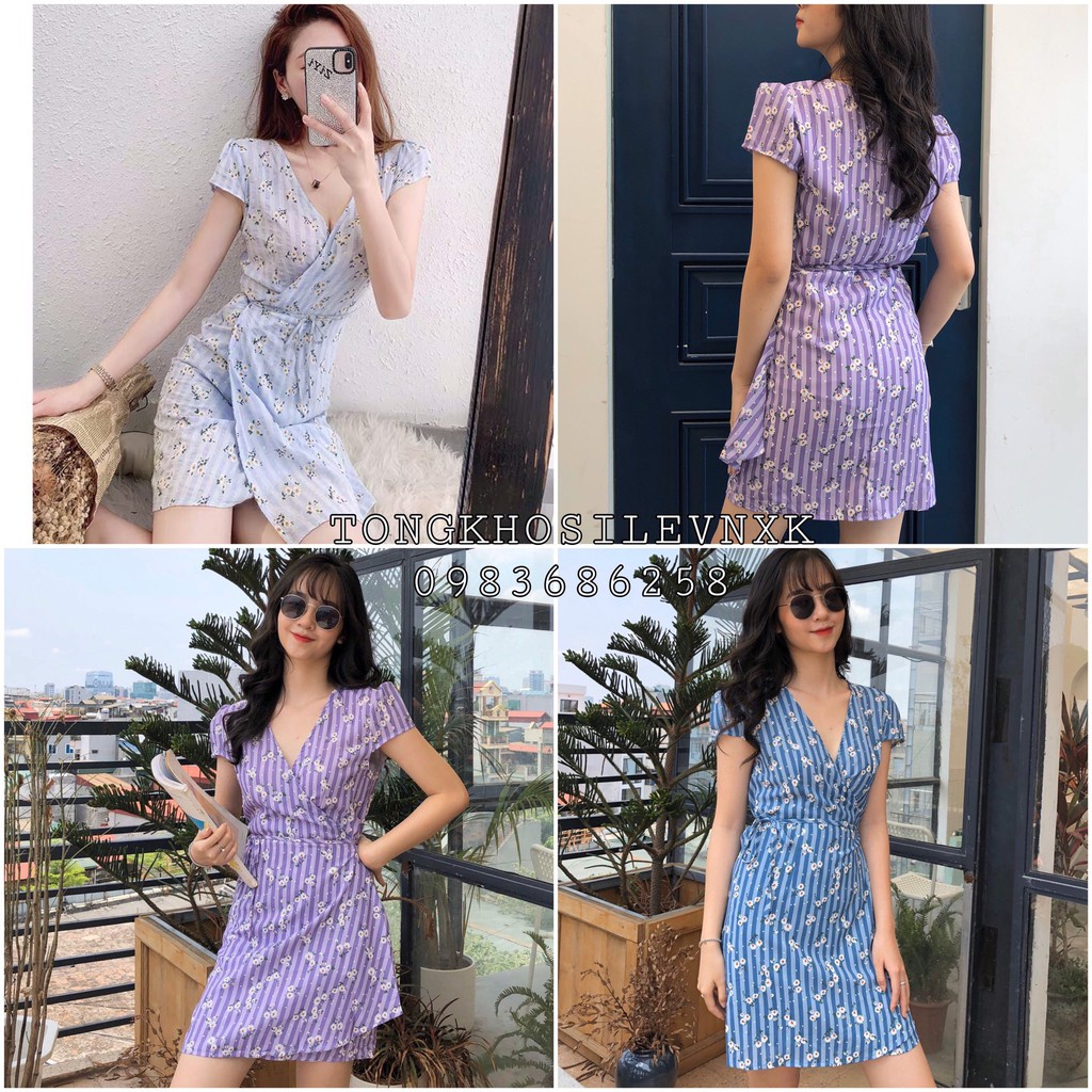 VÁY HOA XANH THẮT EO - ĐẦM KẺ SỌC HOA NHÍ TÍM XANH BUỘC NƠ CỔ V ULZZANG