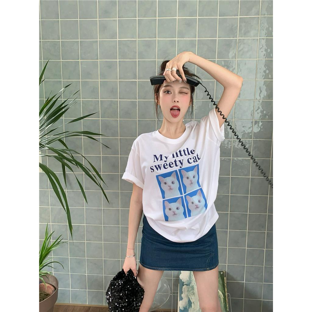 Áo Thun Cotton Cổ Tròn Dáng Rộng Ngắn Tay In Hình Mèo Dễ Thương 63931