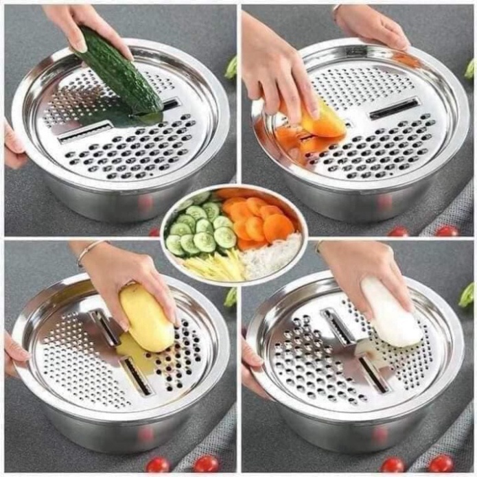 Bộ Rổ Nạo Rau Củ 3 Món Bào Nhật Bản Kiêm Rổ Và Chậu Inox Cao Cấp Dùng Cho Nhà Bếp