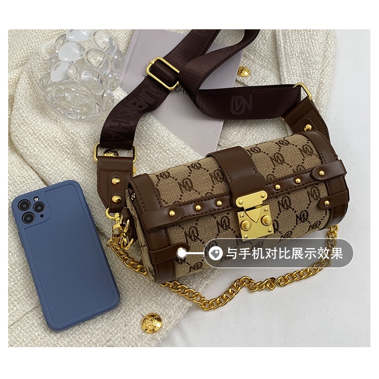 Túi Xách Đeo Vai Hình Trụ Phối Dây Xích Thời Trang Pháp Dành Cho Nữ