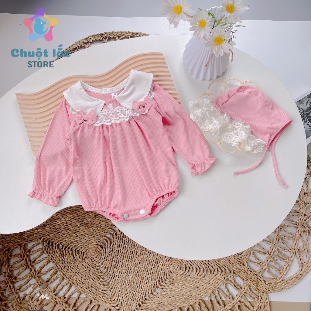 Bộ Đồ Body Bé Gái Dài Tay  Kiểu Cổ Sen Viền Ren Chất Cotton Len Mềm Mại 3kg Đến 12kg Màu Hồng Trắng