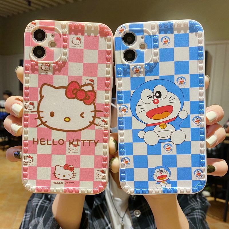 Case OPPO A16 A74 A95 A94 A93 A54 A15 A15S A53 A33 A52 A92 A31 A5 A9 2020 A3S A12e A83 A39 A57 F11 F9 F1S Reno 5F 4F 5 6 4G 5G Heart Photo Frame Motif Checkerboard Kitty Cat and Doraemon