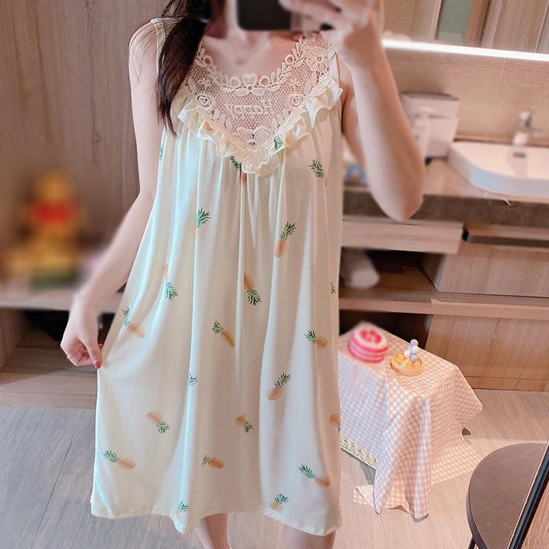 đồ ngủ Không Tay Phối Ren In Họa Tiết Hoạt Hình Phong Cách Hàn Quốc Thời Trang Mùa Hè
