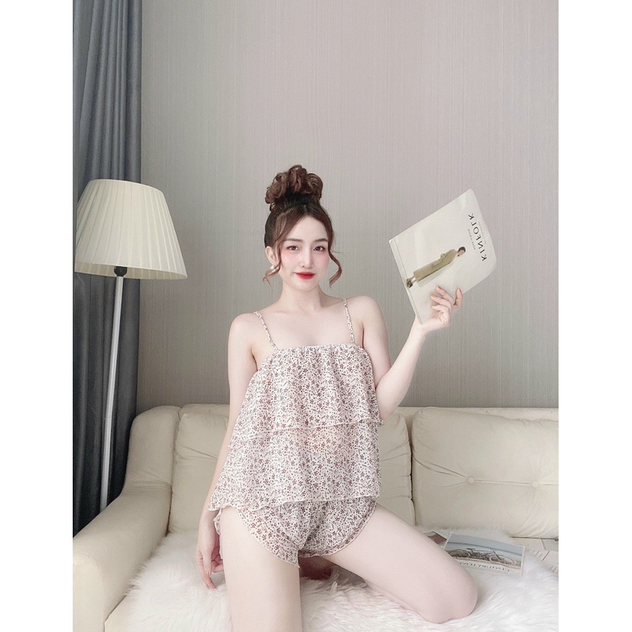 Sét đồ ngủ lụa hàn tầng mẫu hoa xinh nhẹ nhàng