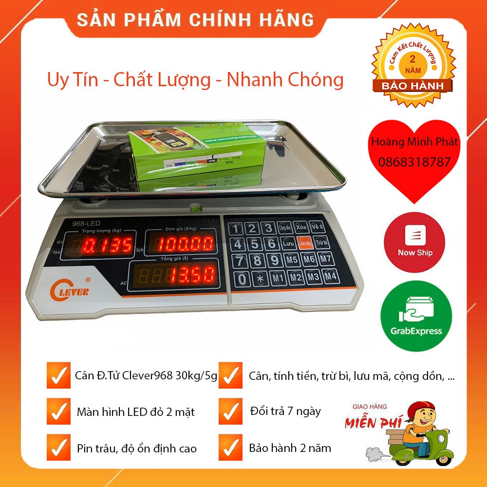 CÂN ĐIỆN TỬ TÍNH TIỀN SIÊU THỊ, Để Bàn, Bán Hàng Cao Cấp - 100% TIẾNG VIỆT 30kg/5g Clever968 - BẢO HÀNH 2 NĂM