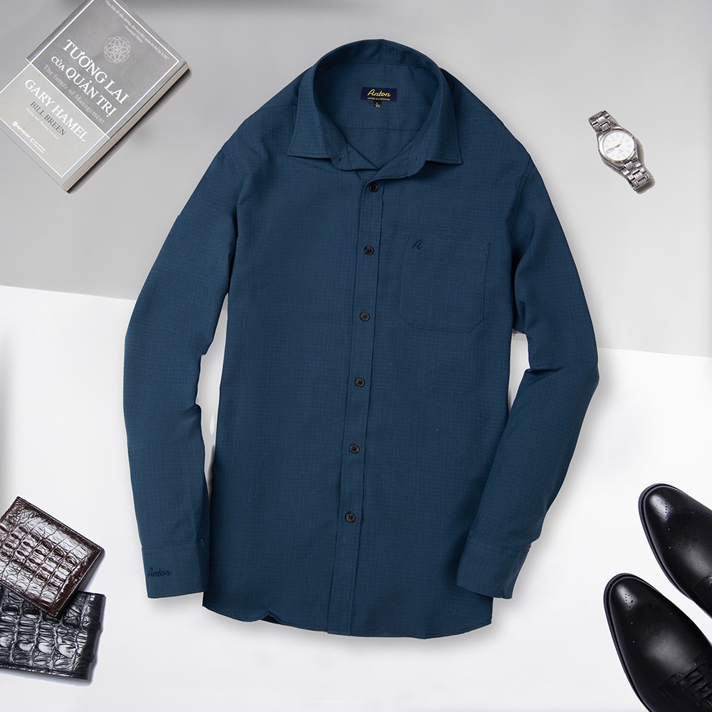 Áo Sơ Mi Nam Công Sở Trung Niên Anton Somianton Dài Tay Xanh Than Họa Tiết Vải Sợi Tre Thoáng Mát- YAT207