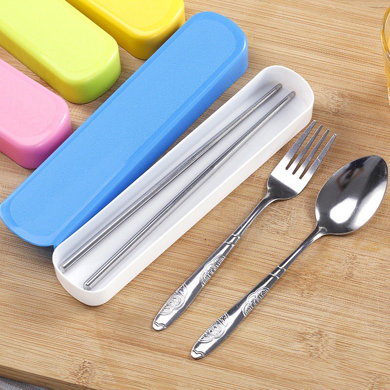 Bộ 3 món đũa thìa dĩa inox cá nhân cao cấp tặng hộp đựng kèm