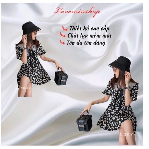 Váy đầm hoa cúc tiểu thư cổ ren tay ngắn dáng dài xòe,váy thiết kế Hotrend phong cách Hàn Quốc Freesize LOVEMIN-M18 | BigBuy360 - bigbuy360.vn
