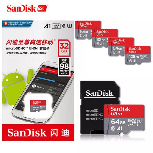 Thẻ nhớ điện thoại sandisk 32GB 64GB 4GB 8GB 16GB 128GB thẻ nhớ tốc độ cao dùng cho máy ảnh, laptop