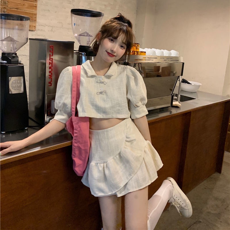 AMOI Set Áo Tay Phồng Kẻ Sọc Ca Rô Phối Chân Váy Xếp Ly Thời Trang 2022 Dễ Thương Cho Nữ