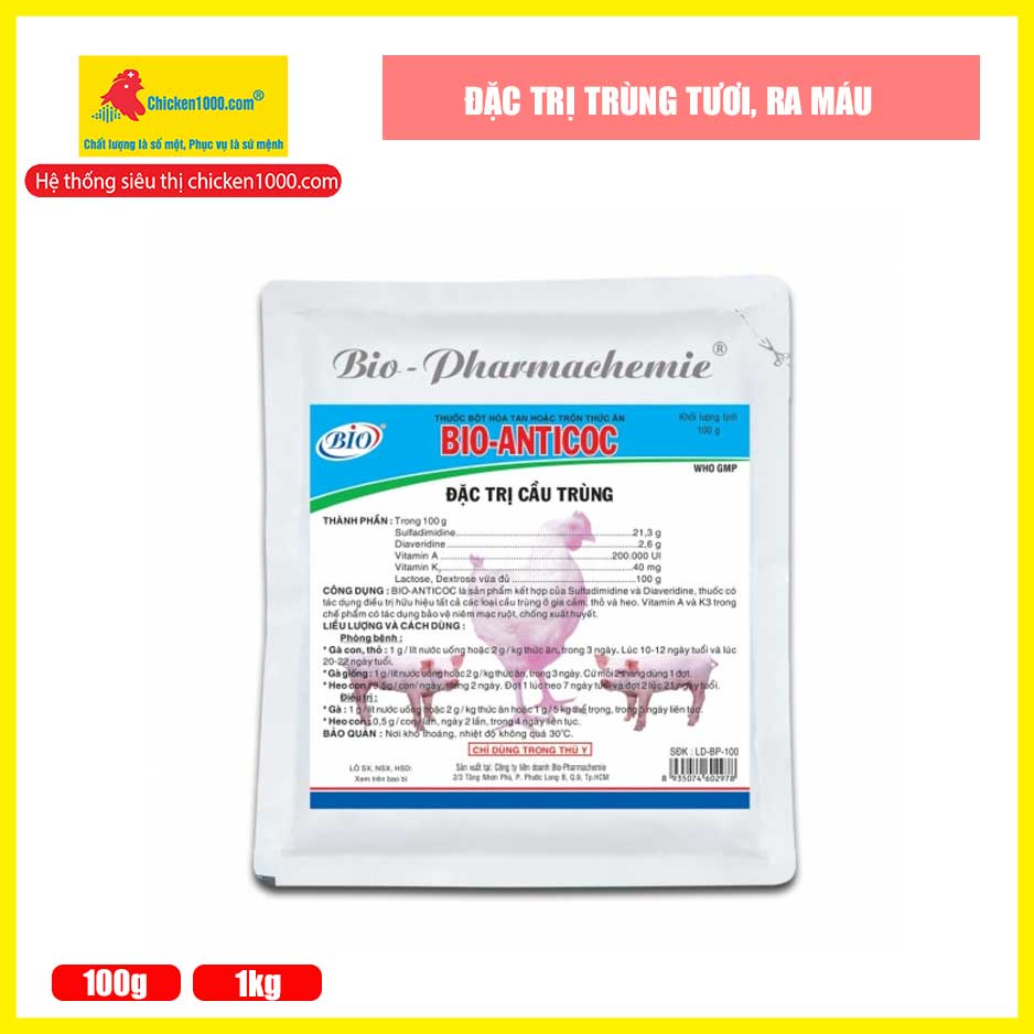 Bio Anticoc 100g phòng cầu trùng, xuất huyết trên gà, vịt, heo thỏ