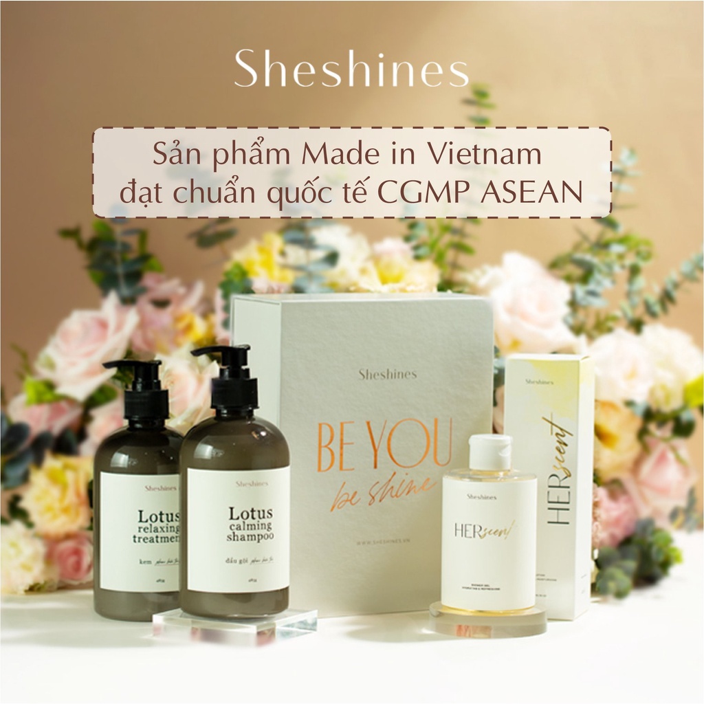 Bộ quà tặng Sheshines gồm bộ Dầu gội - Kem xả Lotus Sheshines và bộ Gel tắm dưỡng da - Body Lotion HerScent