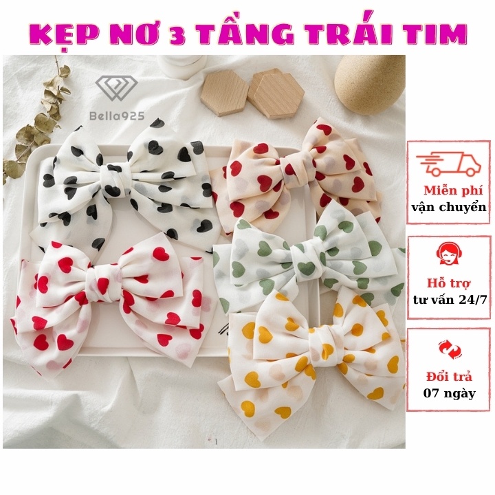 Kẹp tóc Bella 925 nơ kẹp tóc 3 tầng vải voan trái tim phong cách Hàn quốc